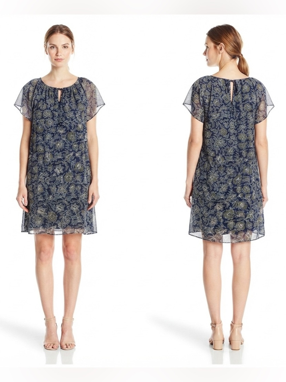 Susana Monaco Floral Chiffon Trapeze Mini Dress Navy Blue Size S Flutter Sleeve